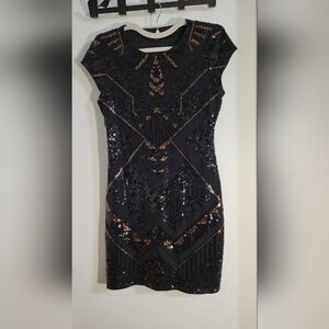 Express Black Sequin Cap-Sleeve Mini Dress with Copper Accents